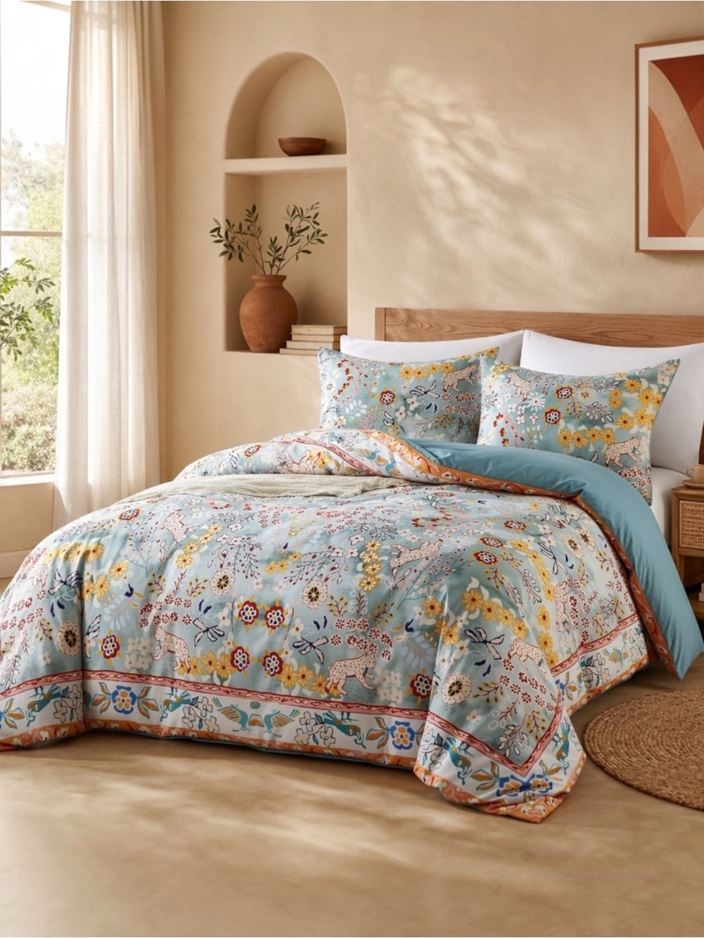 NEW Anthropologie Blue Jungle Multicolor Boho Queen King Bedding Duvet Sham Set